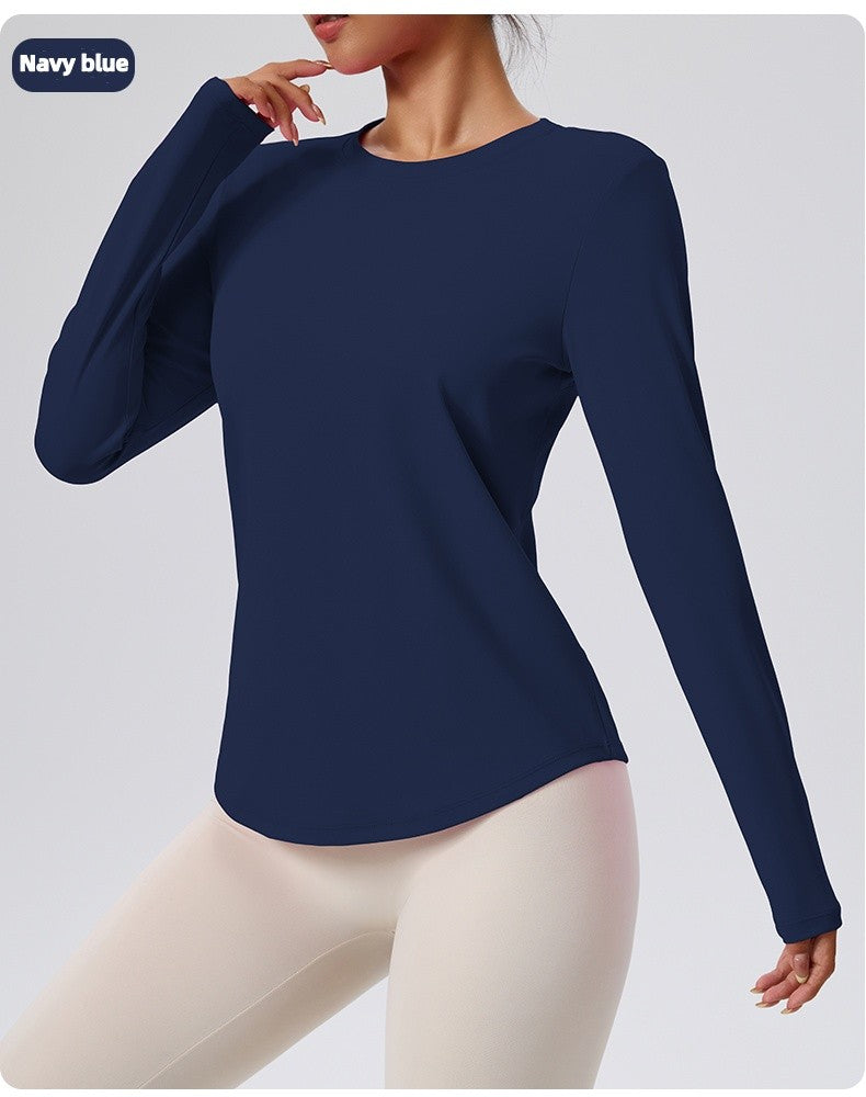 Naked Spring and Autumn Round Neck Fitness Yoga Clothing, Slimming and Slimming Base, Sports Top, Pilates Long Sleeve, Female