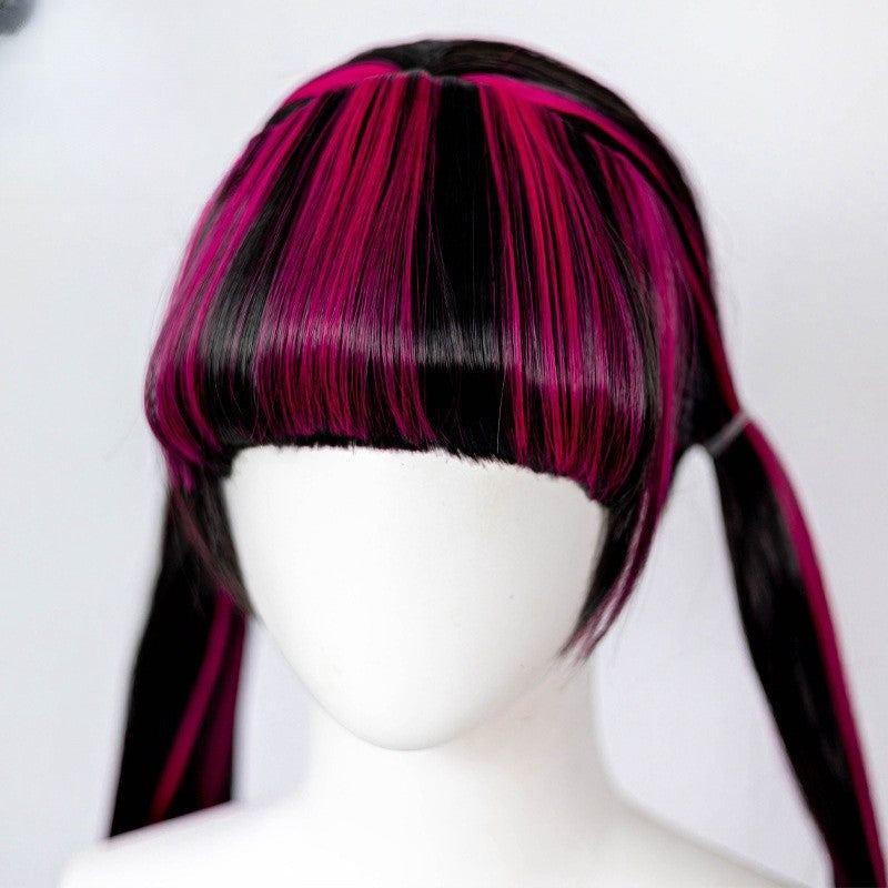REEWES 40inch Long Black Pink stright synthetic Hair Monster High Draculaura Wig With Bang For Teen Cosplay Halloween Costume