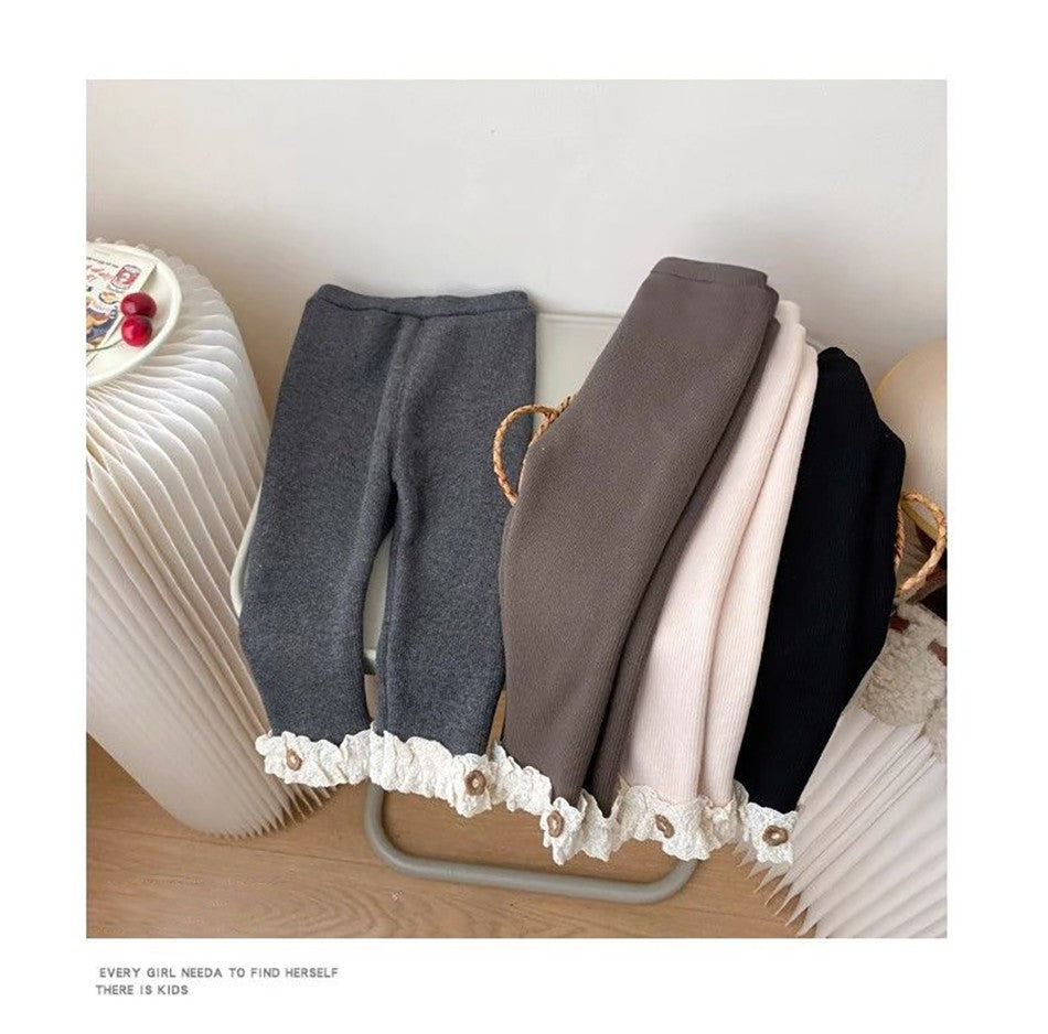 Girls Fleece Lined Leggings Children Fashion Lace Trim Slim Fit Thermal Pants Kids Winter Warm Outwear Casual Clothes
