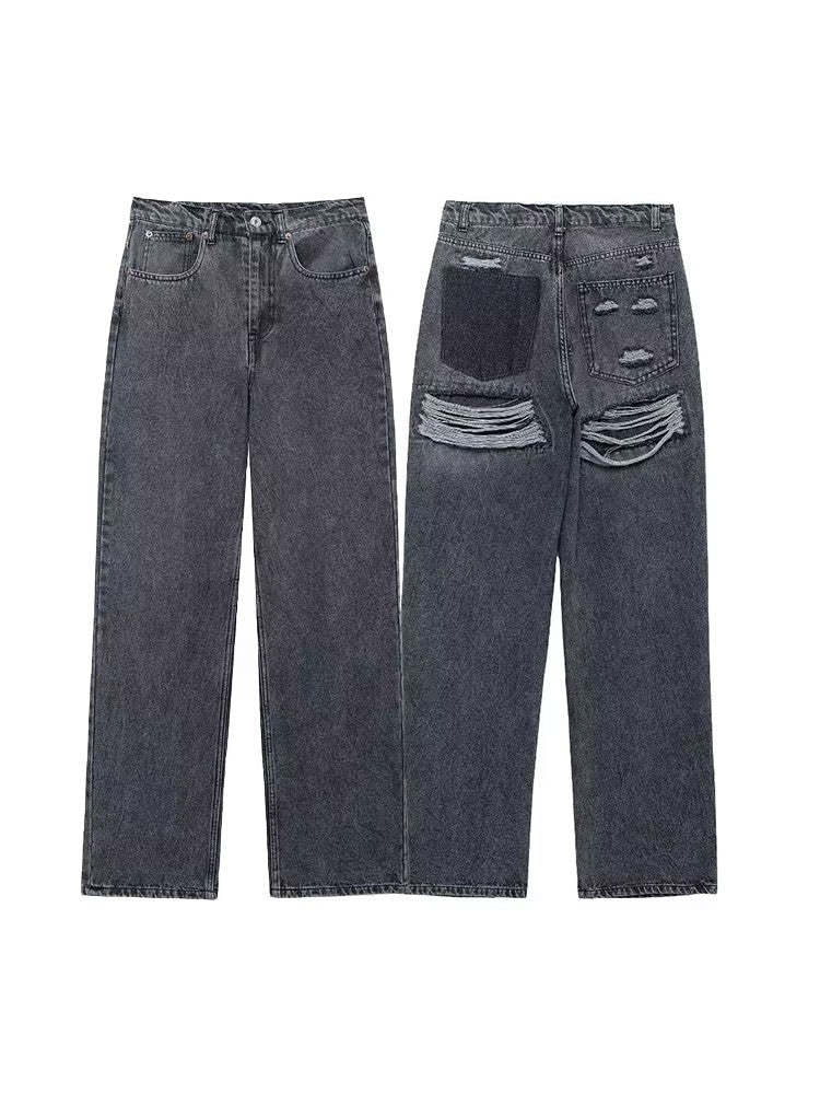 HH 2024 Women's Street Fashion Denim Blue Jeans Distressed Patchwork High Waist Zipper Fly Ripped Retro Long Pants