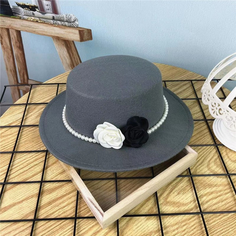 Women's Floral Chain Fedora High Fashion with Pearl Pins Bump Cap Black White Autumen Winter Ladies Fedoras Wide Brim Girl Hat