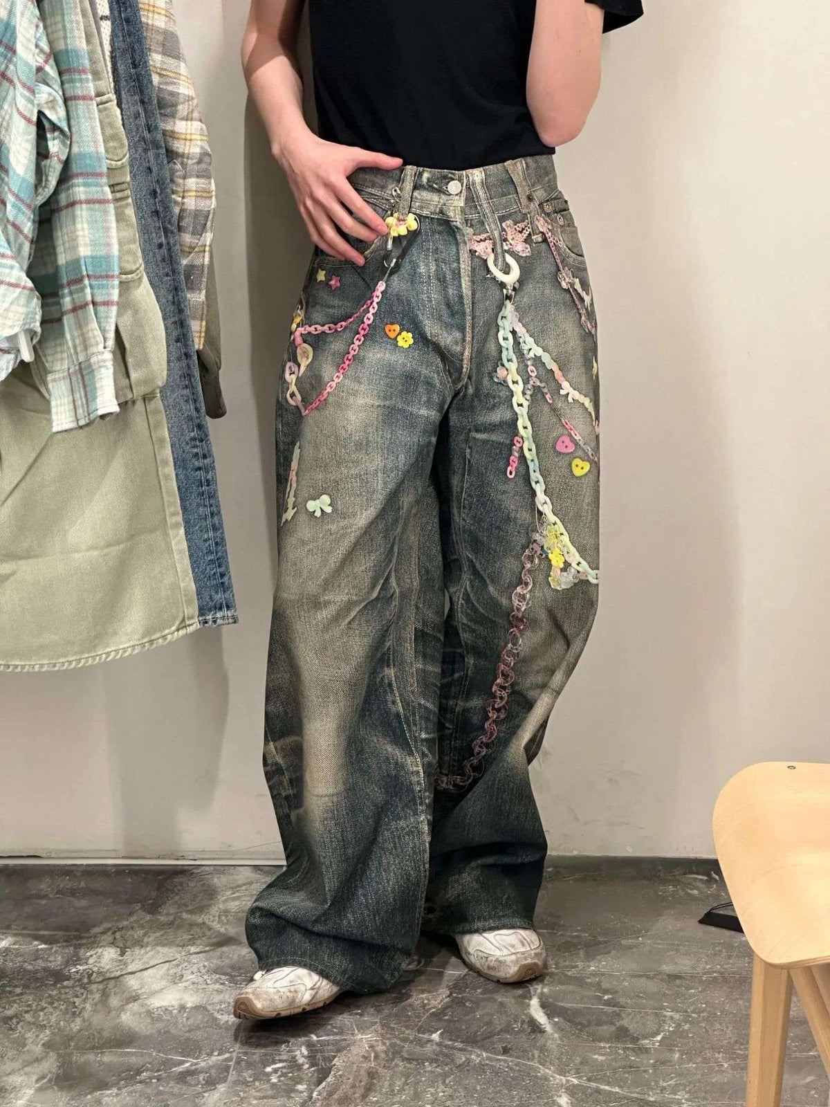 American High Street 3D Digital Print Candy Chain Weathered Knife Straight Leg Casual Jeans for Men And Women