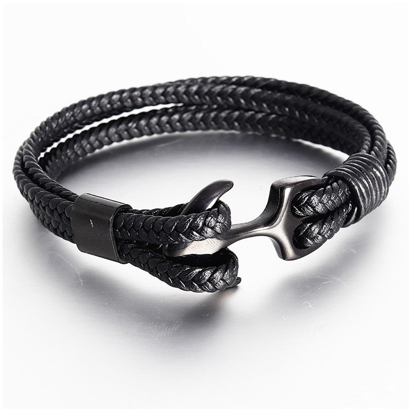 Punk Stainless Steel Anchor Bracelets Genuine Leather Bracelet & Bangles for Men Jewelry Black Color Fashion Gift
