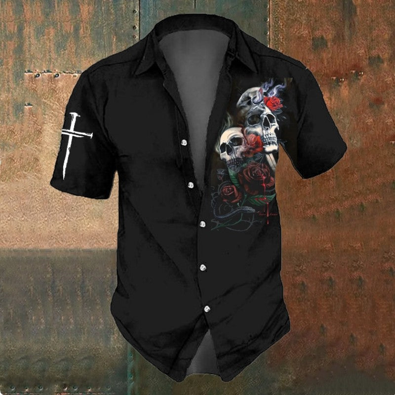 3d Skull Icon Print Hawaiian Short Sleeve Shirt For Men Skull Shirts Retro Casual Black Man Shirts Loose Oversized T-Shirt 2024
