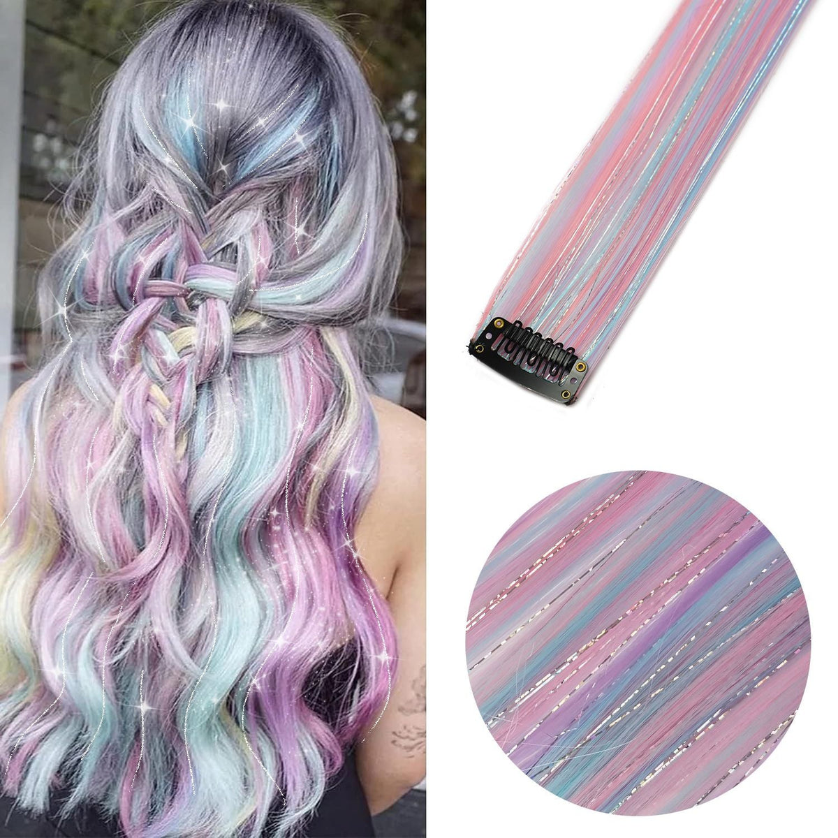 Unicorn Clip in Colored Hair Extensions Mixed Silver Tinsels Synthetic Rainbow Hair Holiday Party Highlights Women Girls 2026