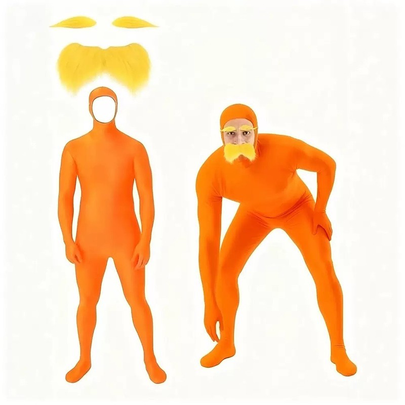 Halloween Orange Zentai Suit Open Face Full Body Bodysuit with Yellow Mustache Eyebrow for Adult Kid Cosplay Party Costume