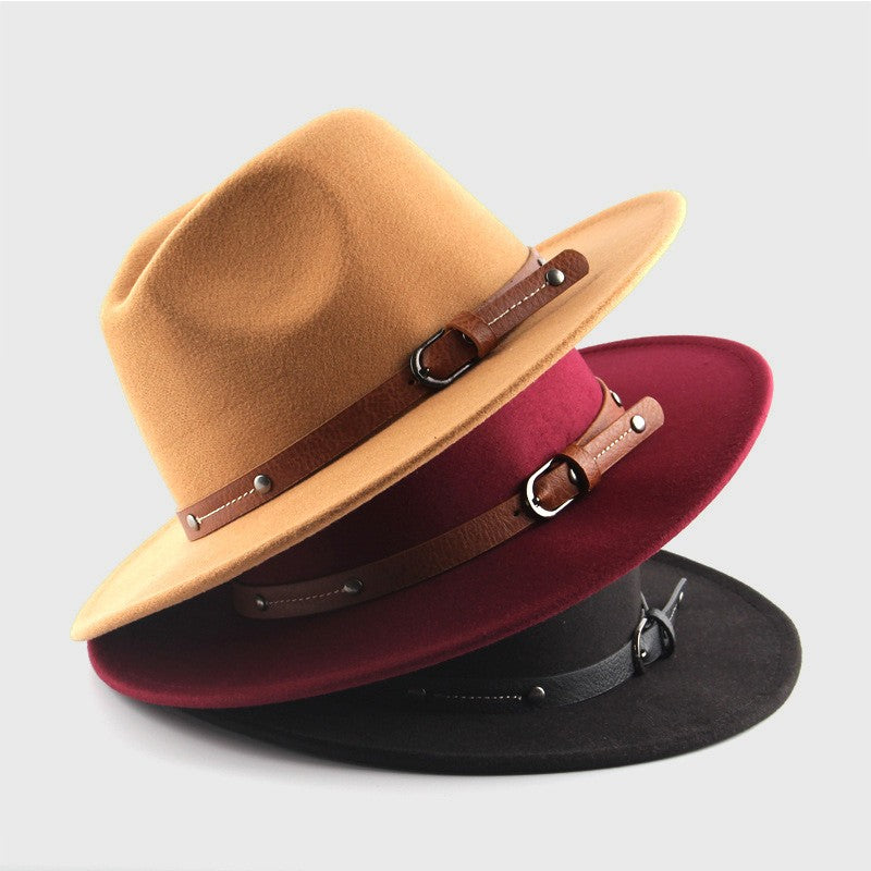 Belt Wool Fedoras Hat For Women Men Winter Autumn Warm Vintage British Style Round Bowler Caps Church Flat Brim Felt Jazz Hats