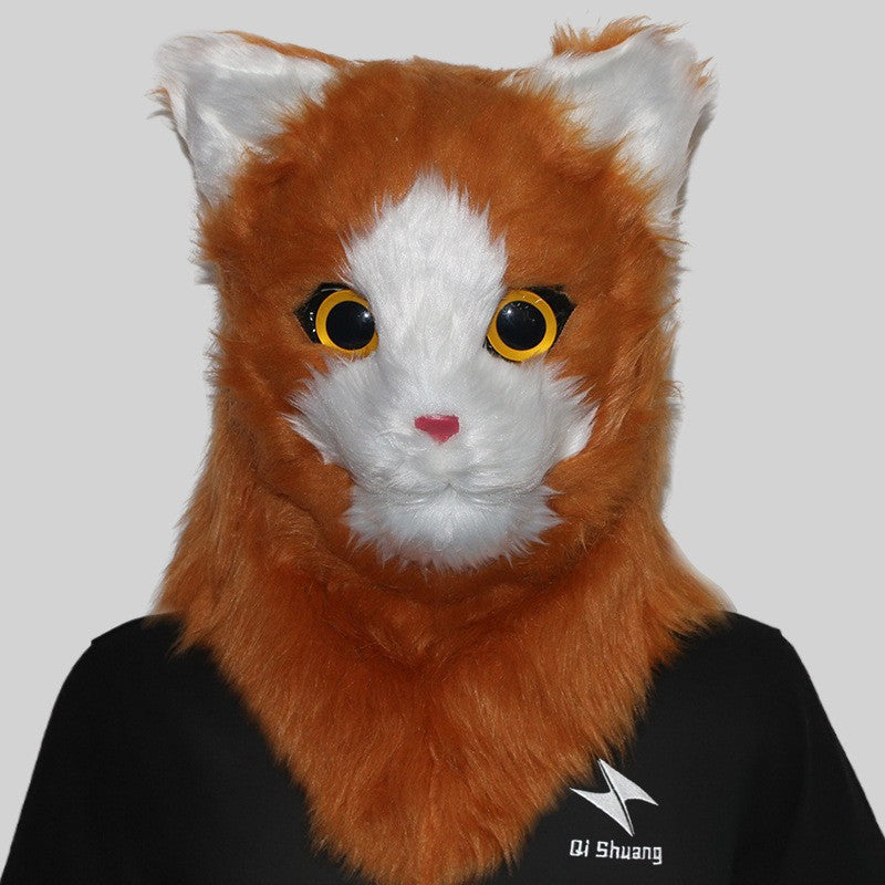 Movable Mouth Cat Head Mask Animal Latex Cute Helmet Artificial Fur for Halloween Costumes Party Props Adult Size
