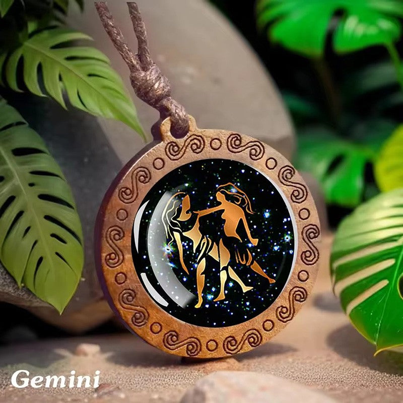 Vintage 12 Zodiac Sign Glass Wooden Necklace Adjustbale Long Rope Chain Necklace Constellation Jewelry