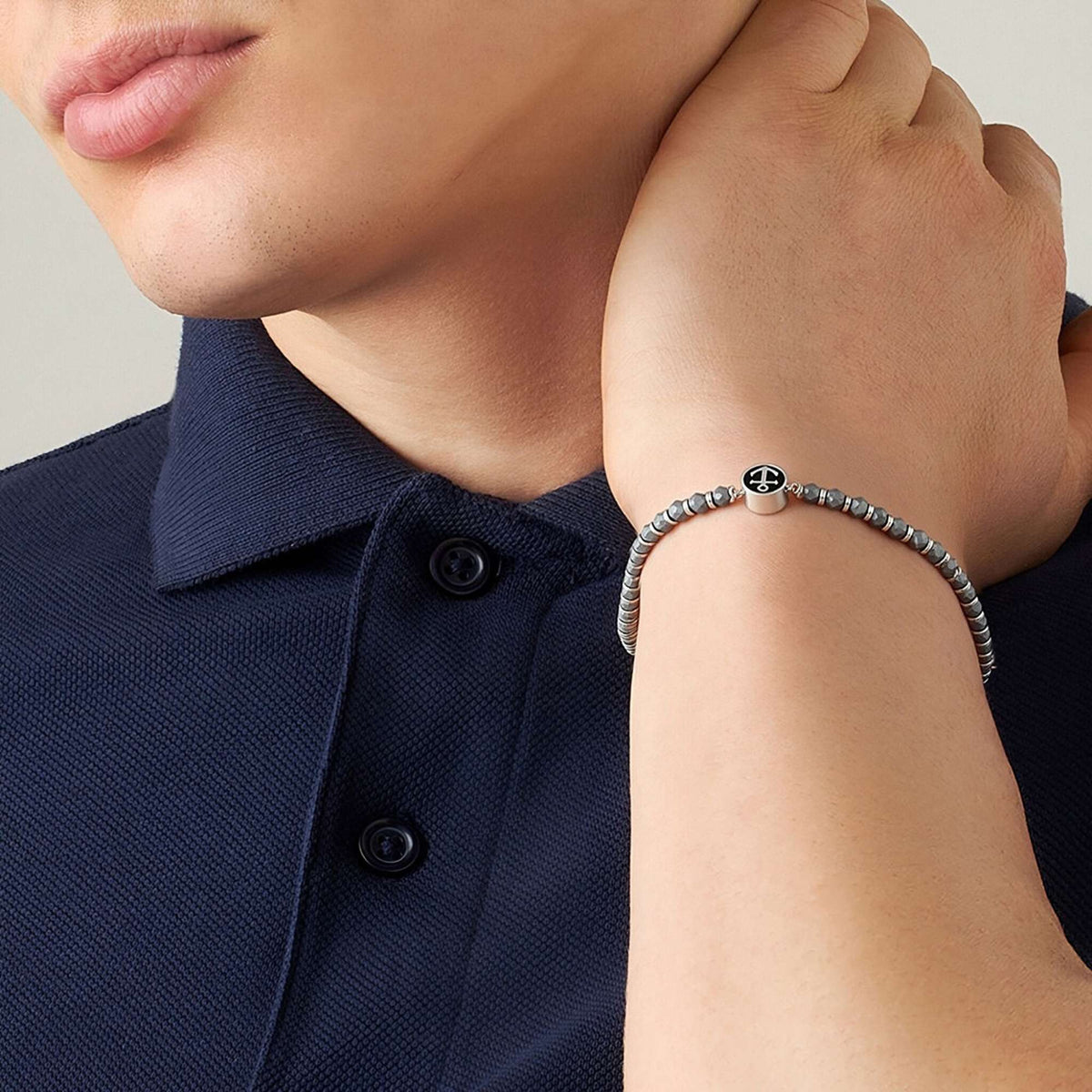 Runda Men's Bracelet with Black Iron Ore Anchor Pendant Stainless Steel Adjustable 22cm Fashion Charm Bead Jewelry