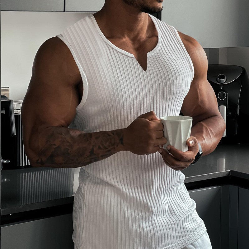 2024 Summer new men V-neck Vest stripe gym Tank top Men Fitness sleeveless shirt Sports Undershirt Gyms clothing Training vest