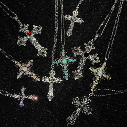 Gothic Big Zircon Cross Necklace Unisex Y2K Irregular Goth Large Cross Pendant Necklaces for Men Women Couple Necklace Jewelry