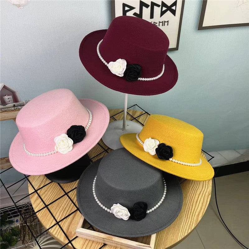 Women's Floral Chain Fedora High Fashion with Pearl Pins Bump Cap Black White Autumen Winter Ladies Fedoras Wide Brim Girl Hat