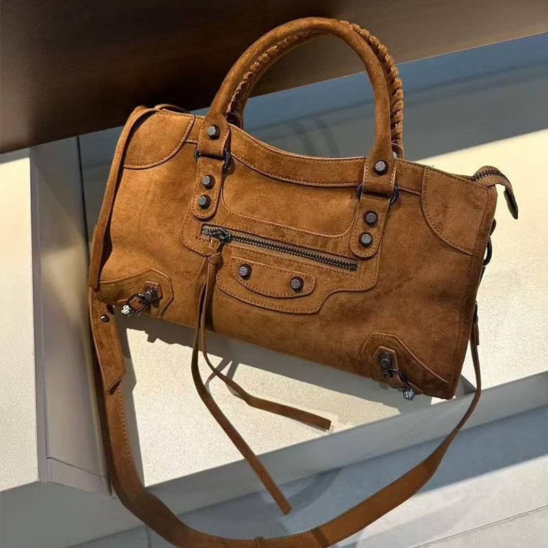 Retro suede motorcycle bag, women's city handbag, leather crossbody bag, single-shoulder armpit bag