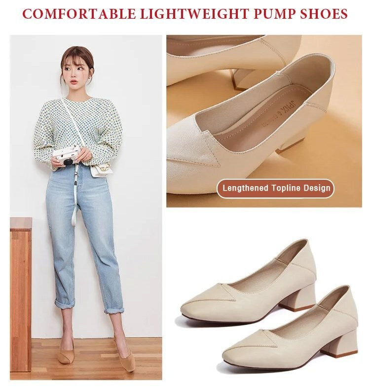 Four Seasons Shoes Soft Bottom Middle-aged Women's Shoes Chunky Heeled Mom Shoes Comfortable Casual Work Leather Shoes