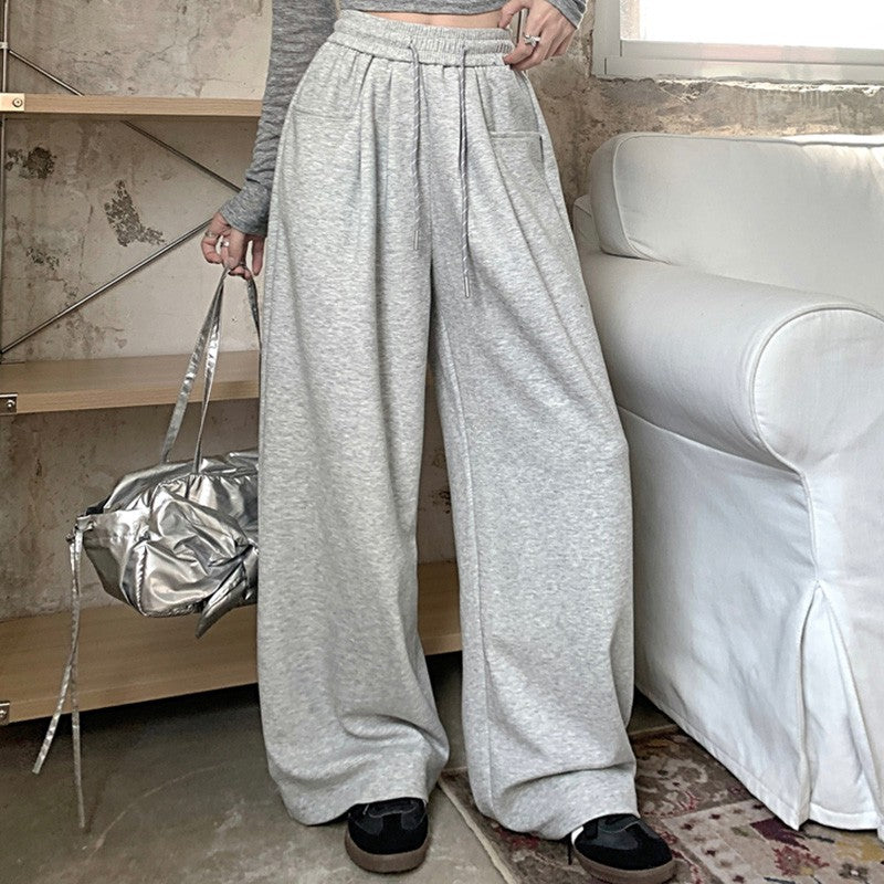 2024 Autumn Women Hip Hop Style Baggy High Waisted Long Pants Lady Versatile Streetwear Solid Color Drawstring Wide Leg Trousers