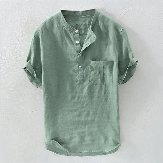 Hawaiian Men's Henley V Neck Short Sleeve Pocket Top Solid Color Fashion Shirt Men's Tops 100% Cotton and Linen Men's T-Shirt
