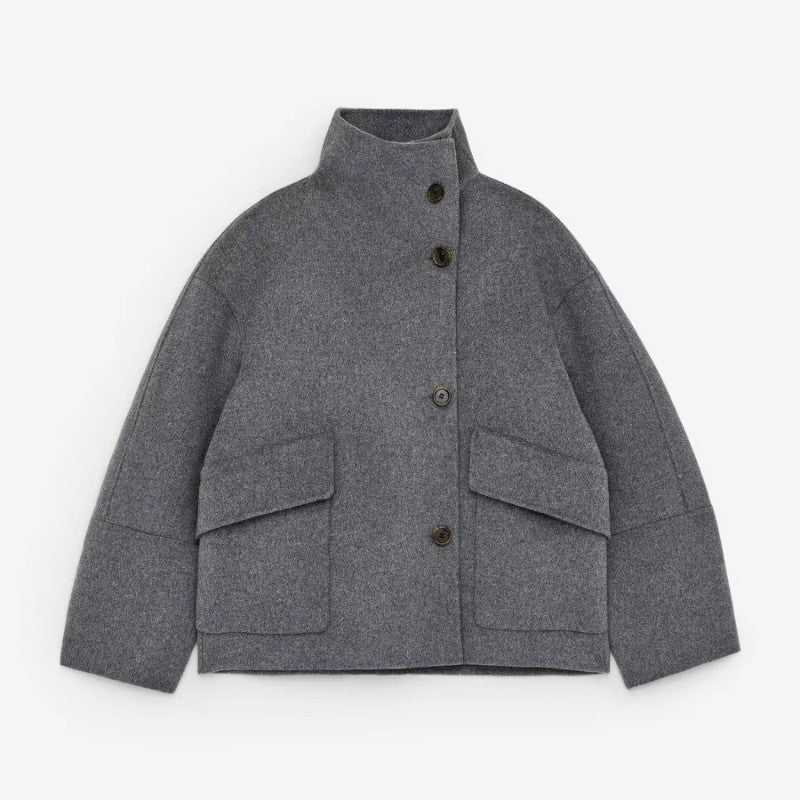 Elegant Stand Collar Woolen Jacket For Women Y2K Single Breasted Button Pockets Coat Lady 2025 Autumn Winter Street Chic Outwear