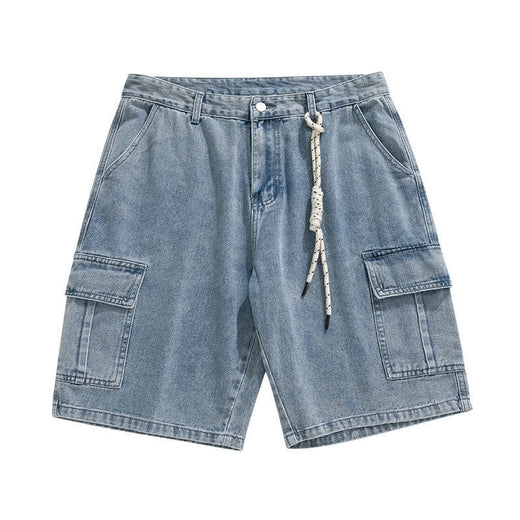 Denim shorts men's 2025 summer new light colored personalized hanging rope loose casual denim five quarter pants men's pants