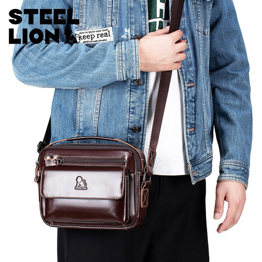 STEEL LION top layer cowhide men's single shoulder diagonal cross bag casual sports horizontal mobile phone bag genuine leather