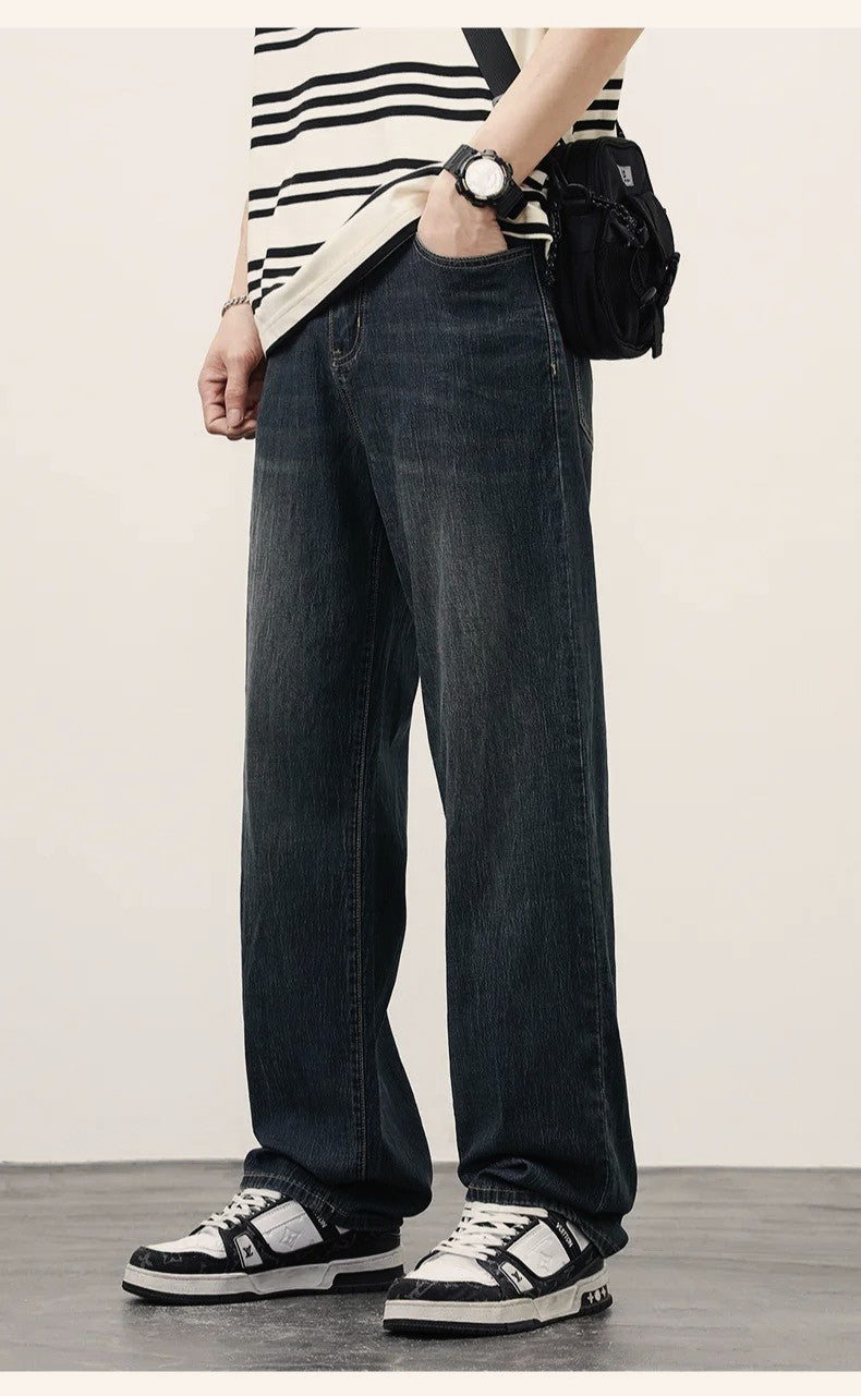 2025Spring Autumn New Men Straight Vintage Fit Jeans Casual Trousers High Quality Male Korean Fashion Baggy Wide Leg Denim Pants