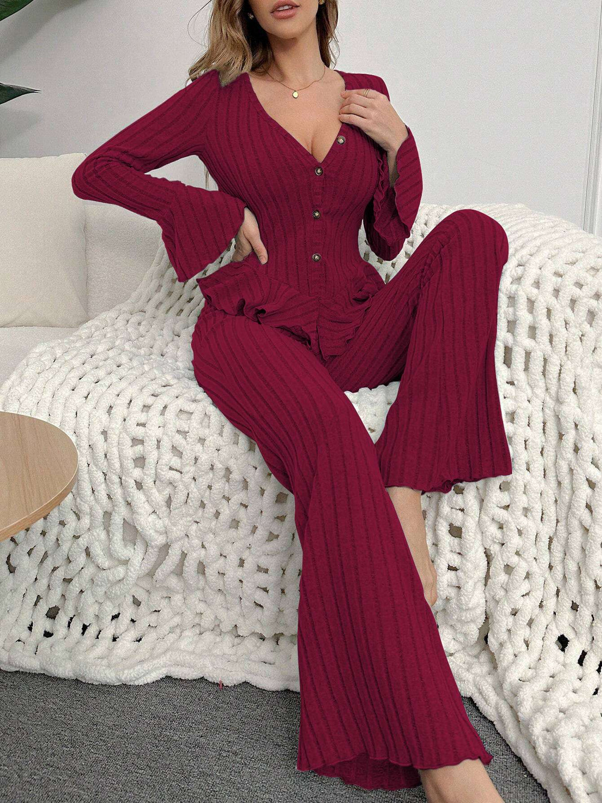 Home Wear Sexy V-neck Fashionable Length Pants Set Autumn Winter Comfortable Casual Slim Fit Women Two-piece Set pajama