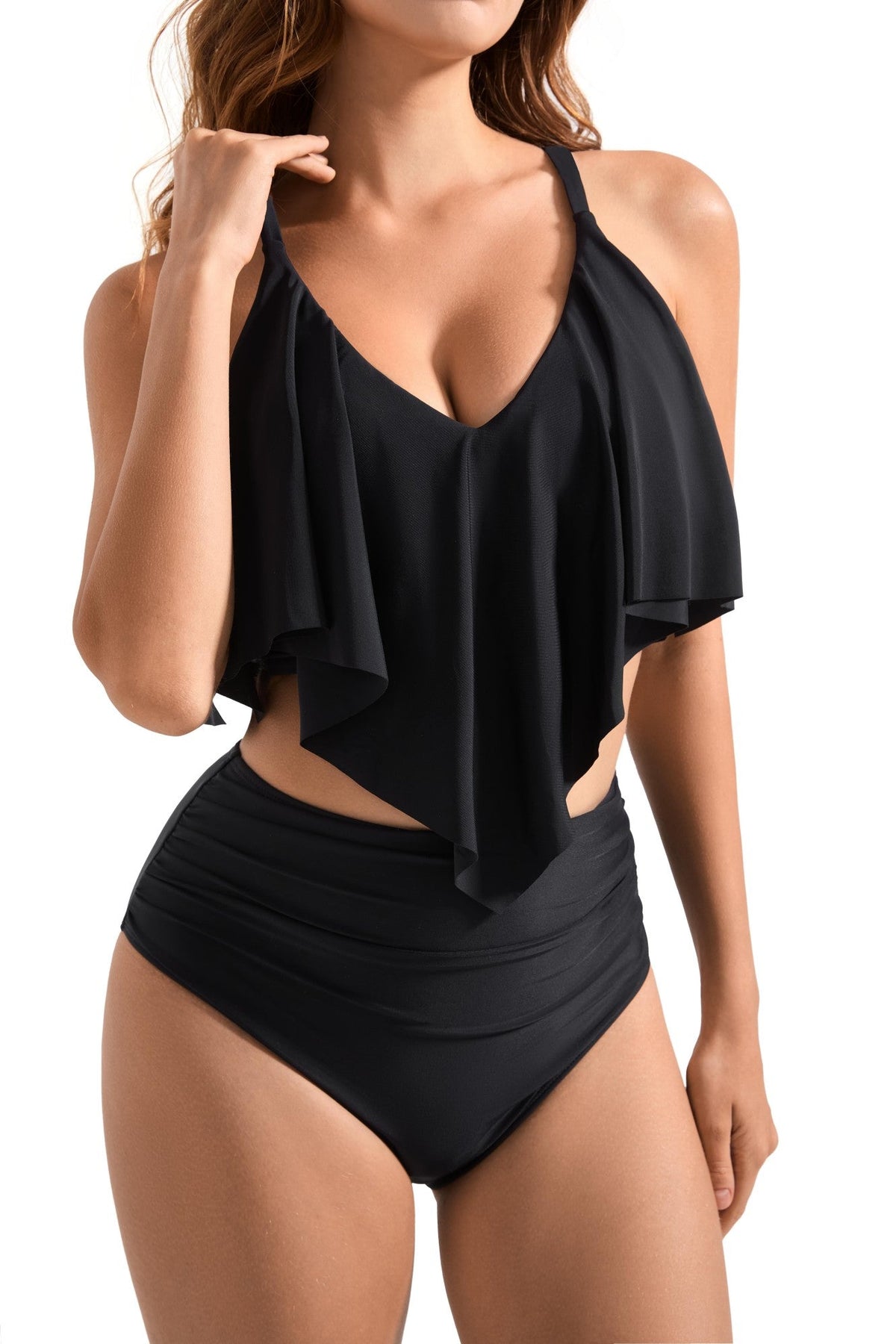 Women Tankini Ruffle High Waisted Swimsuits Tummy Control Bathing Suits Swimwear Beachwear Padded XXL Size Bikini Set Female