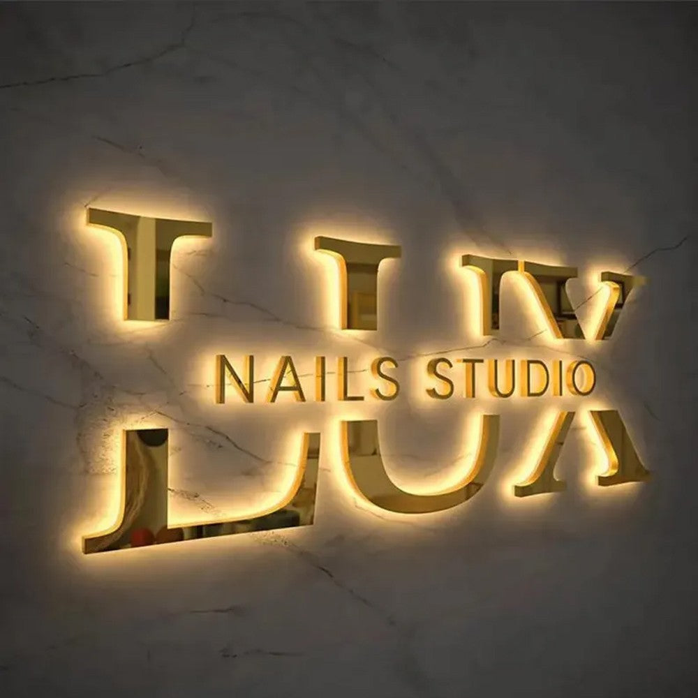 Gold 3D Outdoor Letters Illuminated Metal Backlit Sign Custom LED Lighted Company Business Signage for Indoor/Outdoor Use
