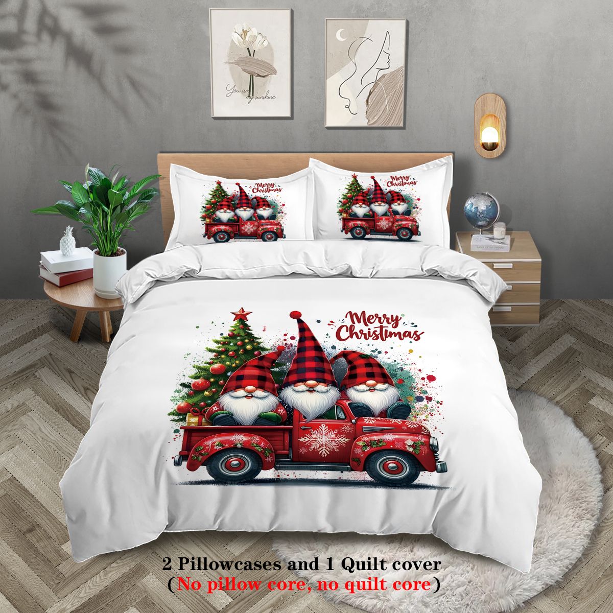 3-Piece Christmas Dwarf Pattern Print Set (1 Down Duvet Cover+2 Pillowcases, Core Free) Soft and Comfortable Bedding Set