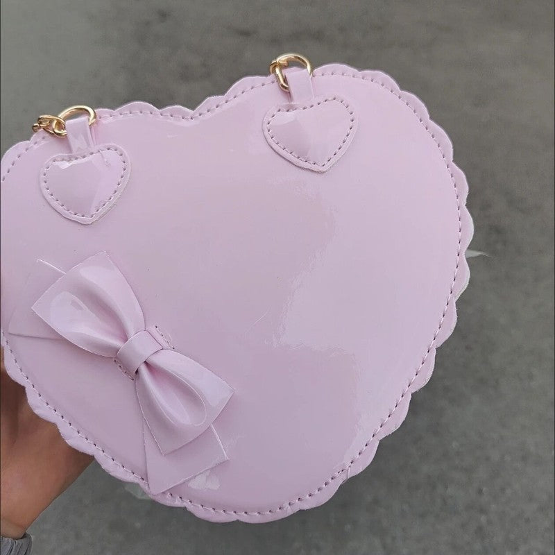 PU Heart Lolita Handbags Girls Bowknots Decor Japanese Shoulder Bags Two Sized Kawaii Shell Purses Cute Pink Messenger Bag Gifts