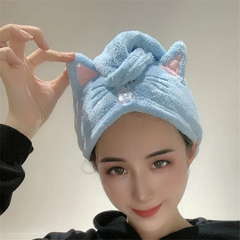 Cute Soft Microfiber Towels Shower Cap Towel Bath Hats Dry Hair Cap Quick Drying Cat Hat for Women Lady Turban Head Girl Towel