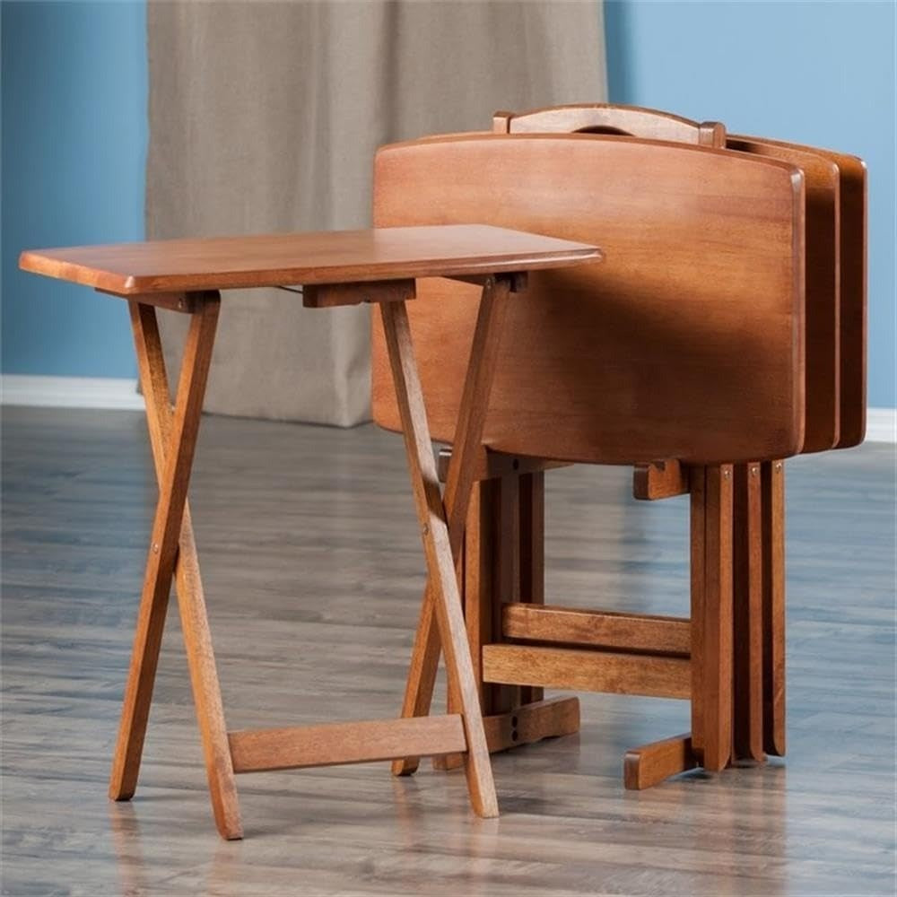 24" W x 12" D Transitional Oversized Solid Wood Snack Table Set with Storage Stand, Curved Sides, Rounded Corners, X-Frame Base