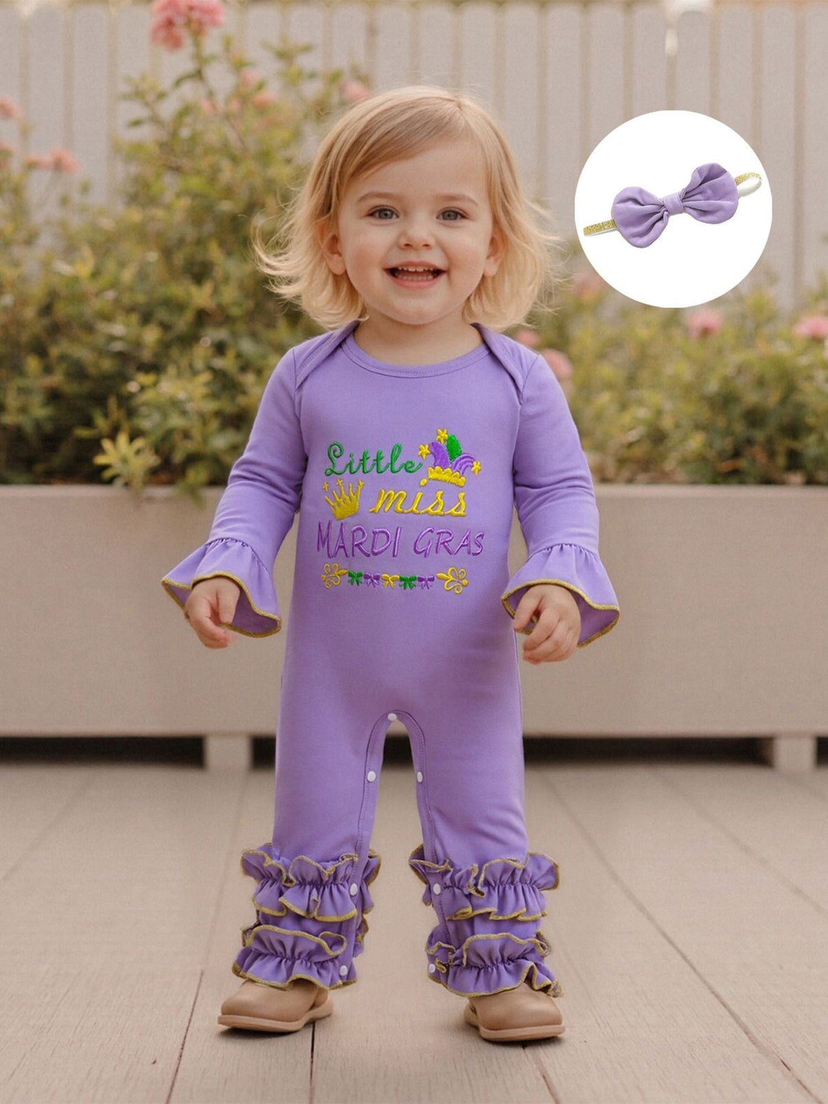 Suefunskry Baby Girl Mardi Gras Themed Romper Letter Crown Embroidery Long Sleeve Round Neck Jumpsuit with Bow Headband
