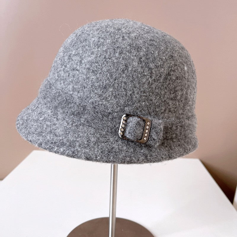 Japanese Wool Hat Women's Autumn and Winter Warm Knitted Hat Diamond Buckle Ribbon Fisherman Hat Front and Back Small Basin Hat