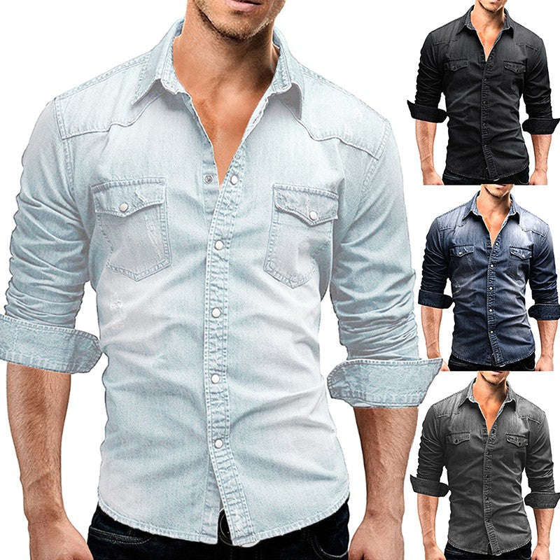 2024 Men's Spring Autumn Casual Shirts Solid Color Long Sleeve Lapel Denim Tops Button Shirts for Party