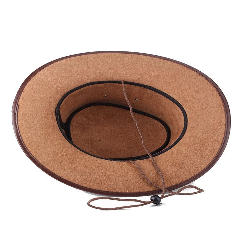 Combhasaki Mens Western Cowgirl Hats with Adjustable String Artificial Leather Wide Brim Outdoor Fashion Unisex Sunshade Cap
