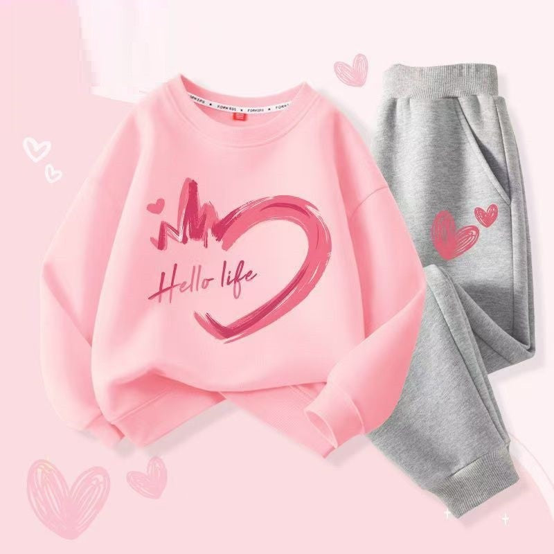 Autumn Baby Girls Clothes Set Kid Heart Printed Sweatshirts Pullover Top And Pants 2 Pieces Suit Children Sweet Tracksuits