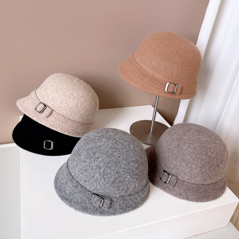 Japanese Wool Hat Women's Autumn and Winter Warm Knitted Hat Diamond Buckle Ribbon Fisherman Hat Front and Back Small Basin Hat