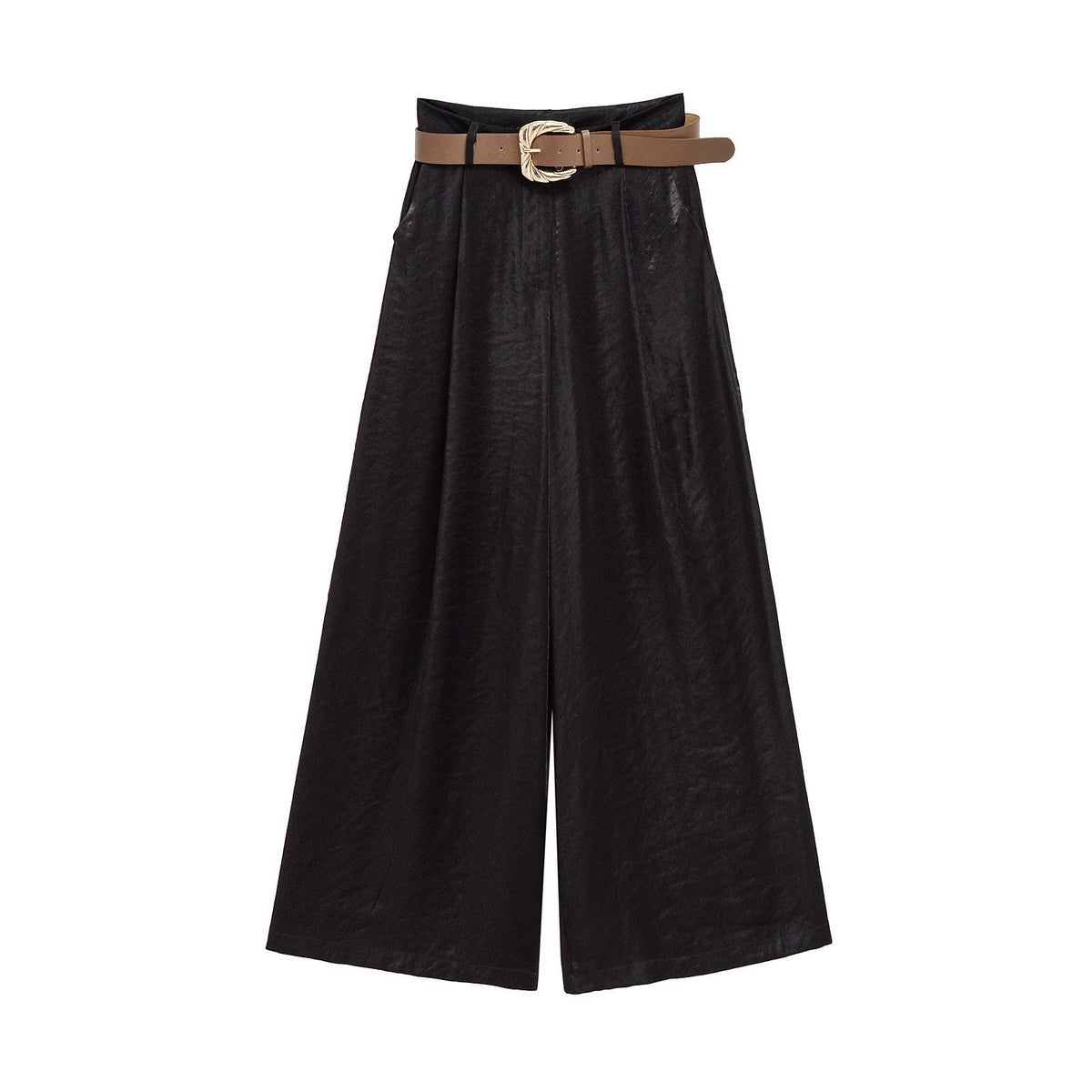 HH Women New Fashion Solid Belt Wrinkles Decorate Casual Loose Trousers Female Chic Zipper Side Pocket Slim Wide Leg Pants