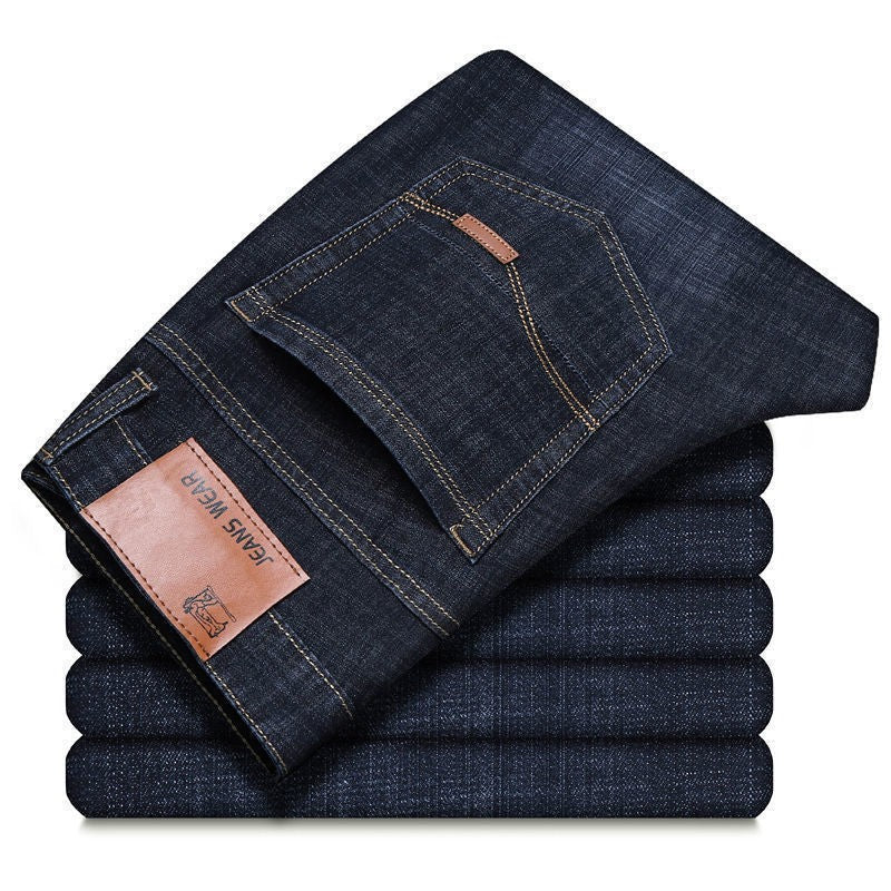 2025 Autumn Classic Men's Fitted Stretch Jeans Business Casual Cotton Denim Straight Leg Pants Male Black Blue Trousers