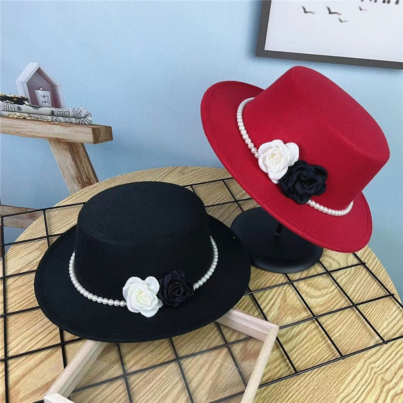 Women's Floral Chain Fedora High Fashion with Pearl Pins Bump Cap Black White Autumen Winter Ladies Fedoras Wide Brim Girl Hat