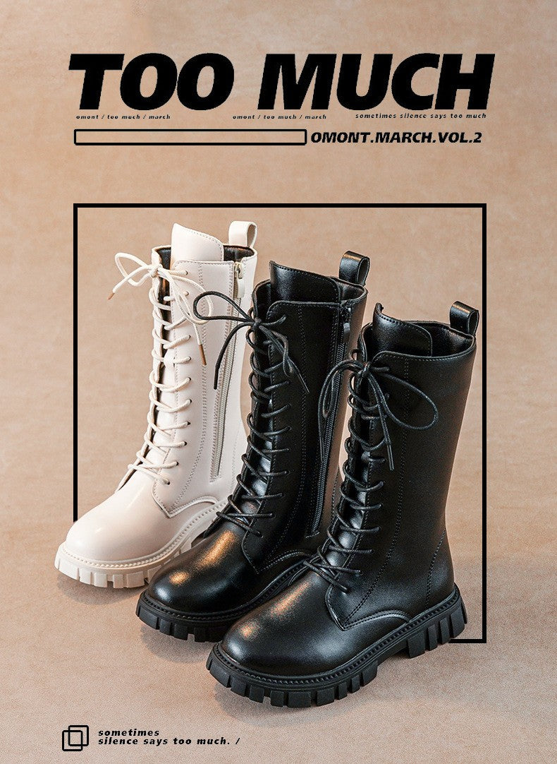 2025 Autumn/Winter Fashion Cool Baby Girls Warm Square Heel Round Toe Casual Lace-Up Comfortable Kids Black Mid Boots