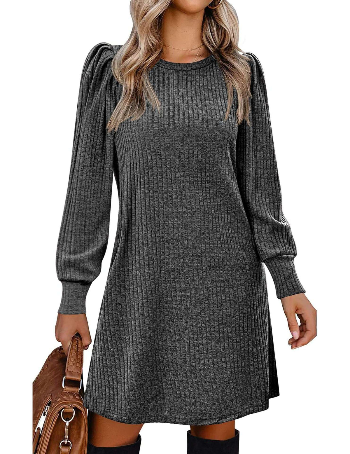 Y2K autumn and winter women's crew neck solid color sweater bubble sleeve fashion commuter dress comfortable casual loose dress