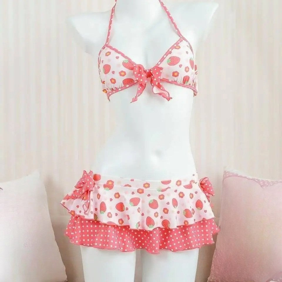 Japanese Style Kawaii Girls Swimsuit Sweet Printed Halter Bikini Swimsuit Women Ruffle Bikini Set Bather Bathing Suit Swim