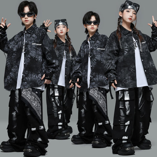 Kids Hip Hop Clothing Shiny Black Coat Top Black Street Jogger Pants for Girls Boys Jazz Dance Costume Clothes
