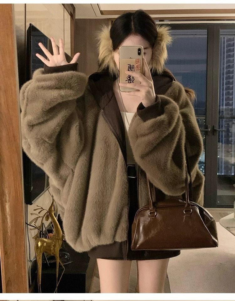 American Retro Reversible Velvet Zipper Hooded Jacket Women Winter Fashion Street Thick Loose Warm Harajuku Casual Plush Jacket