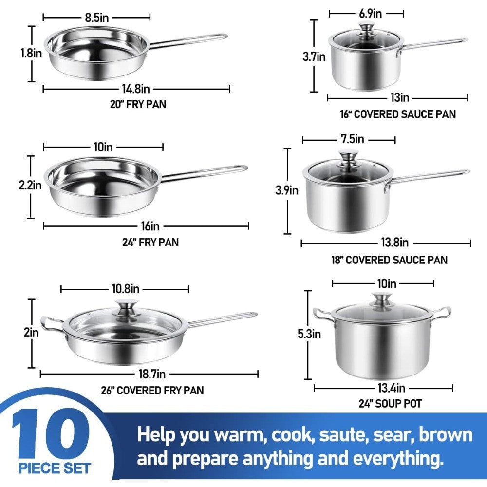 10-Piece Pots and Pans Set, Stainless Steel Cookware Set- Includes Ergonomic Handle Saucepans, Skillets, Dutch Oven, Stockpot, S