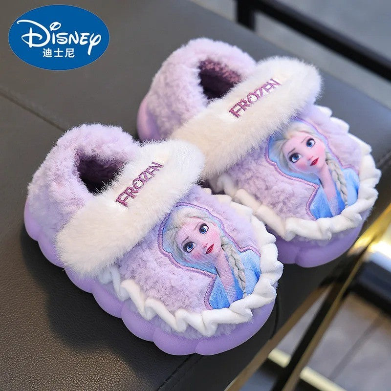 Disney Princess Elsa Winter Children's Cotton Home Slippers Frozen Girl's Snow Non Slip Warm Baby Slippers Pink Blue Size 26-35