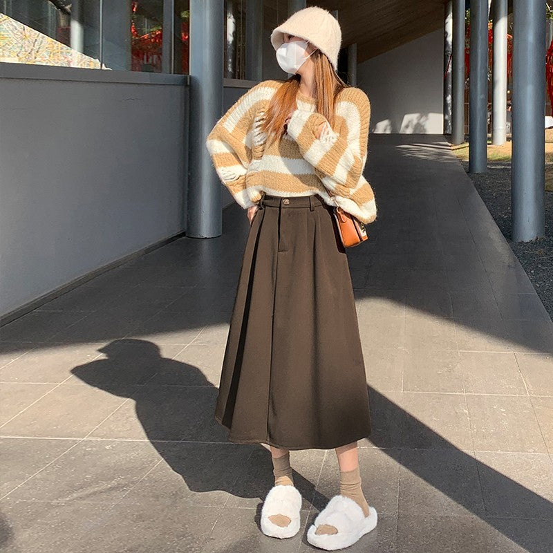 High Waist Plus Size Women Skirt Spring Women Clothing High Waist Hepburn Style Mid-Length A-Line Skirt New Casual Solid Skirts
