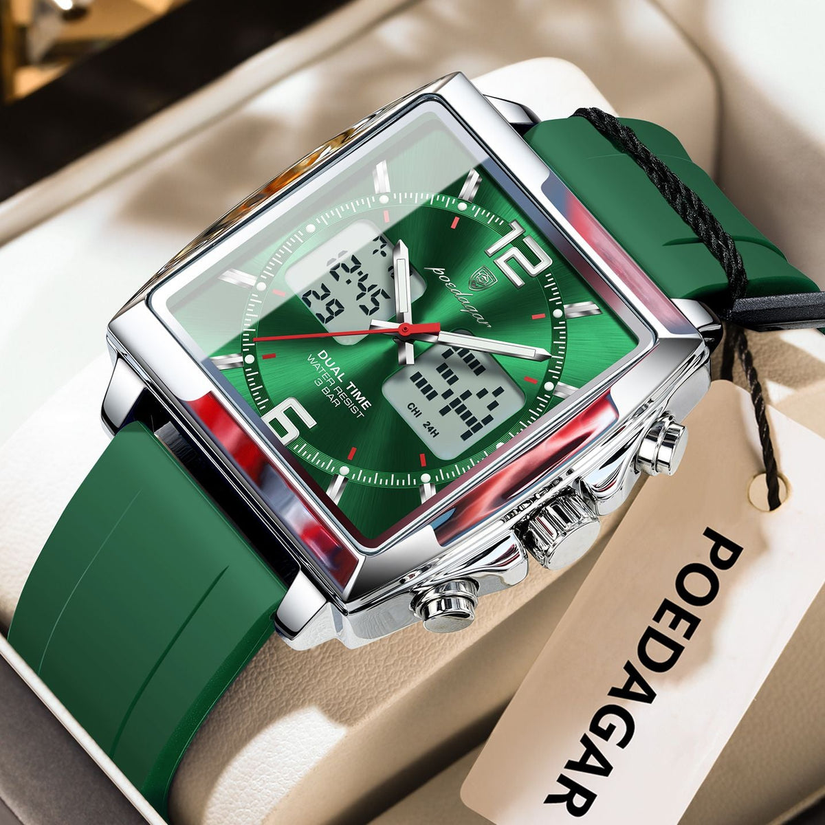 POEDAGAR Luxury Top Man Watch Electronic Square LED Alarm Chronograph Men's Watches Week Date Dual Time Display Men Quartz Clock
